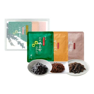 三種少量パッケージ（利尻塩昆布山椒入り・ちりめん山椒・鰹昆布）【ARBC-10.5】