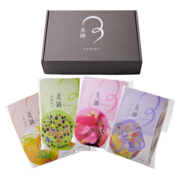 ★美鍋ギフトボックス（4袋入り）★一番出汁・辛にんにく出汁・薬膳出汁・エスニック出汁　各1袋(１袋 2人分)